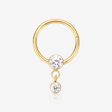 Golden Simply Sparkly Dangle Gem Steel Clicker Hoop Ring-Clear Gem